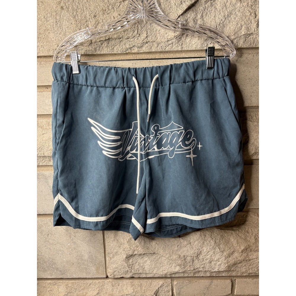 Manfinity Mens XL Blue‎ Vintage Graphic Drawstring Dolphin Hem Athletic Shorts